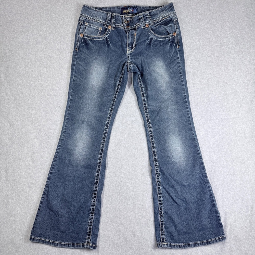 Angels Flare Jeans Womens 9 Short Blue Excellent Thick Stitch Low Rise Y2K - Picture 1 of 15
